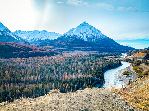 Traveling alongside the Glenn Highway, located in the Matanuska Valley, a variety of landscapes can be seen. Travelers will not be disappointed. Many opportunities for scenic pictures made for a wonderful day of travel.The Vista point near King Mountain was a majestic sight as the sun rose across the valley.