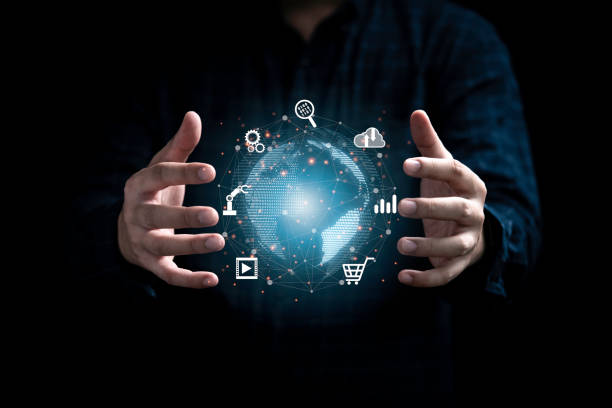 istock Man hand protecting virtual world  with internet connection for metaverse. Global business marketing and banking financial pass thru application technology concept. 1350347853