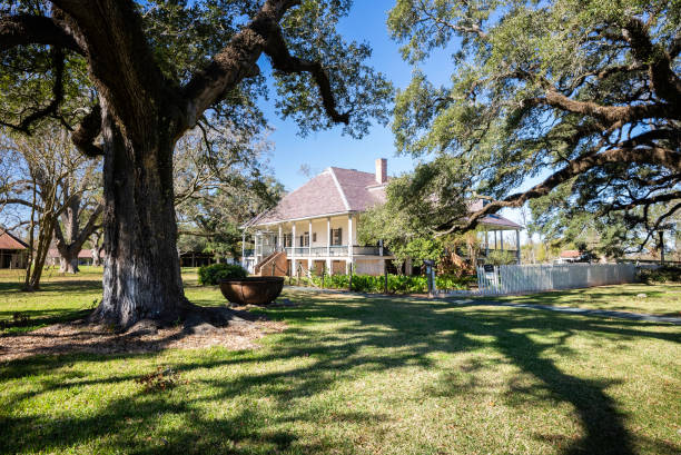Natchitoches, Louisiana, USA - November 17, 2020: Exterior home on historical Oakland Plantation, dating from 1821, a French-Creole cotton plantation that has 17 buildings among live oaks that is open to the public.
