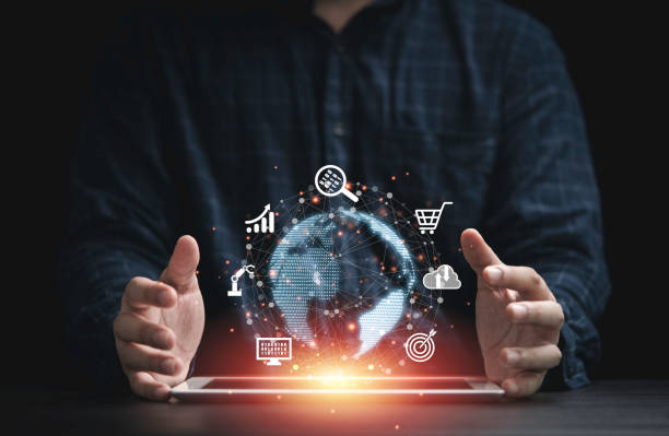 istock Man hand protecting virtual world on tablet with internet connection for metaverse. Global business marketing and banking financial pass thru application technology concept. 1350348747