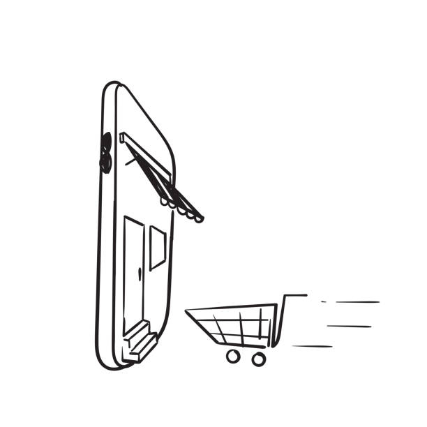 ilustrações, clipart, desenhos animados e ícones de desenhar a mão doodle móvel e armazenar símbolo de ilustração para loja on-line e carrinho de compras isolado - shopping bag paper bag retail drawing