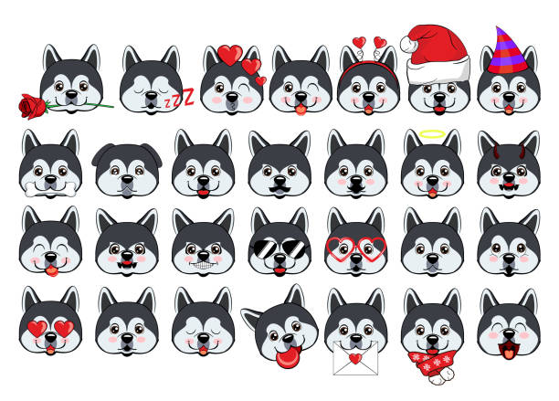 eine große gruppe von köpfen von kleinen hunden mit verschiedenen emotionen und verschiedenen objekten. - dog malamute sled dog bulldog stock-grafiken, -clipart, -cartoons und -symbole