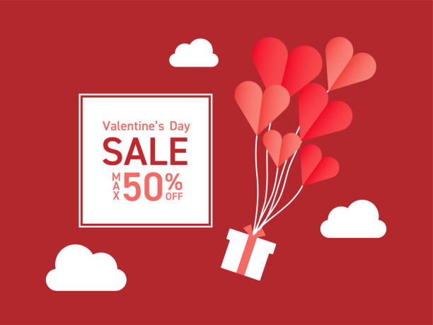 illustrazioni stock, clip art, cartoni animati e icone di tendenza di illustrazione della vendita di san valentino con palloncini a cuore e regali che galleggiano nel cielo - balloon love red gift tag