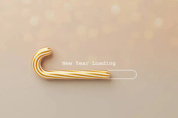 Photo of Christmas loading concept. Candy cane on luxury gold background with bokeh. 3d rendering illustration