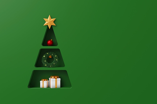 Merry christmas and happy new year concept. Background shelf christmas tree shape with gift box and decorate element on luxury green background. 3d rendering