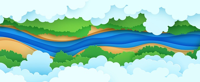 Top view cloudy landscape in paper cut style. Aerial view 3d background with river forest canopy and land. Vector papercut illustration of creative concept idea environment conservation and nature