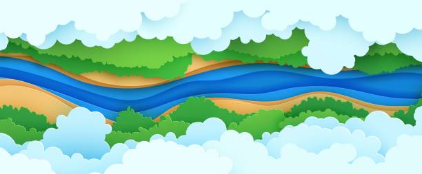 Top view cloudy landscape in paper cut style. Aerial view 3d background with river forest canopy and land. Vector papercut illustration of creative concept idea environment conservation and nature. Top view cloudy landscape in paper cut style. Aerial view 3d background with river forest canopy and land. Vector papercut illustration of creative concept idea environment conservation and nature spring flowing water stock illustrations