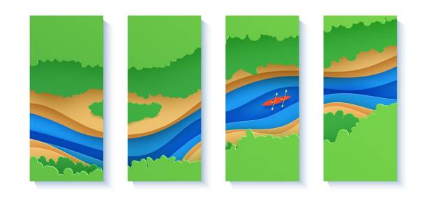 Set of top view cloudy landscape banners in paper cut style. Eco tourism 3d flyers with aerial view river summer trees and kayak boat. Vector card illustration of extreme rafting sport papercut art Set of top view cloudy landscape banners in paper cut style. Eco tourism 3d flyers with aerial view river summer trees and kayak boat. Vector card illustration of extreme rafting sport papercut art. Canal stock illustrations