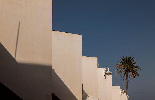 White village and palm tree against blue sky in summer, Shot in Las Negras, Cabo de Gata Nature Park, Almeria, Spain.