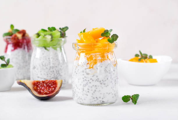 istock Chia pudding assortment with fruits and yogurt 1350369744