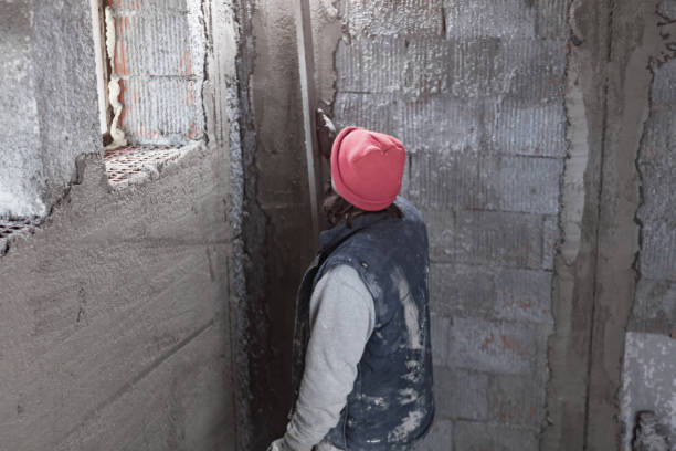 istock Real construction worker working on a wall inside the new house. 1350372810
