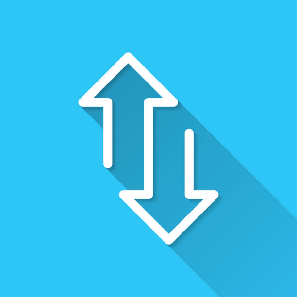 Up and down transfer arrows. Icon on blue background - Flat Design with Long Shadow White icon of "Up and down transfer arrows" in a flat design style isolated on a blue background and with a long shadow effect. Vector Illustration (EPS10, well layered and grouped). Easy to edit, manipulate, resize or colorize. Vector and Jpeg file of different sizes. moving down stock illustrations