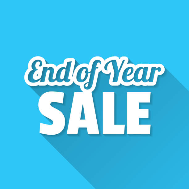 End of Year Sale. Icon on blue background - Flat Design with Long Shadow White icon of "End of Year Sale" in a flat design style isolated on a blue background and with a long shadow effect. Vector Illustration (EPS10, well layered and grouped). Easy to edit, manipulate, resize or colorize. Vector and Jpeg file of different sizes. the end stock illustrations