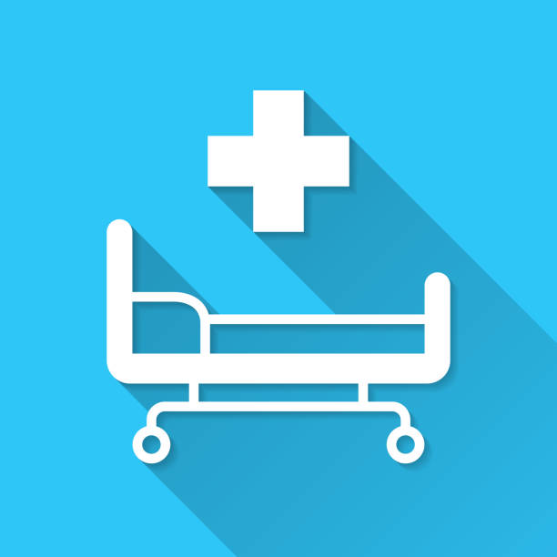 łóżko szpitalne. ikona na niebieskim tle - płaska konstrukcja z długim cieniem - emergency room illustrations stock illustrations