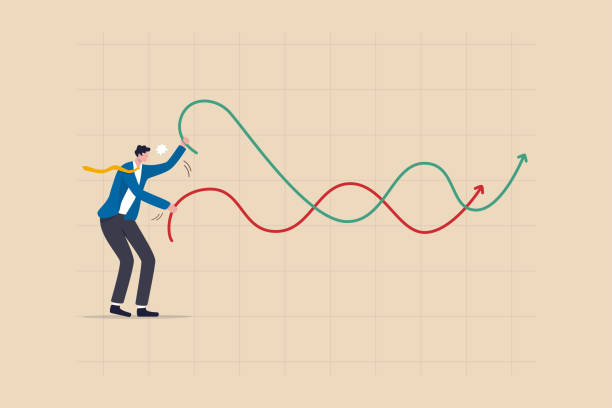 ilustrações de stock, clip art, desenhos animados e ícones de stock market manipulation, control or influence crypto currency price or benefit or profit from investment authority concept, businessman market manipulator play battle rope to control market graph. - stock market graph chart arrow sign