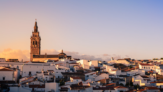 View of catholic church located in spanish town of Jerez de los Caballeros at sunset. A famous and monumental town of Badajoz province in Extremadura, Spain