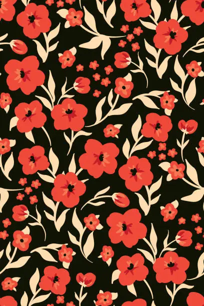 Vector illustration of Rustic floral print with red flowers Seamless pattern with small flowers and leaves on a black background. Vector.