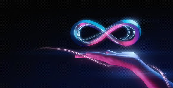 Hand holding virtual reality infinity symbol community connection of metaverse vr world global network technology system and abstract loop sign element on innovation digital communication background.