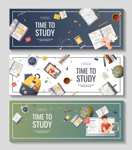 ilustrações de stock, clip art, desenhos animados e ícones de set of banners with study supplies for studying, education, learning, back to school, student, stationery. - personal organizer telephone group of objects diary