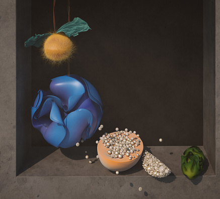 Digital art, reinterpretation with digital objects of a famous still life painting, metaphor for expensive NFT, CGI.