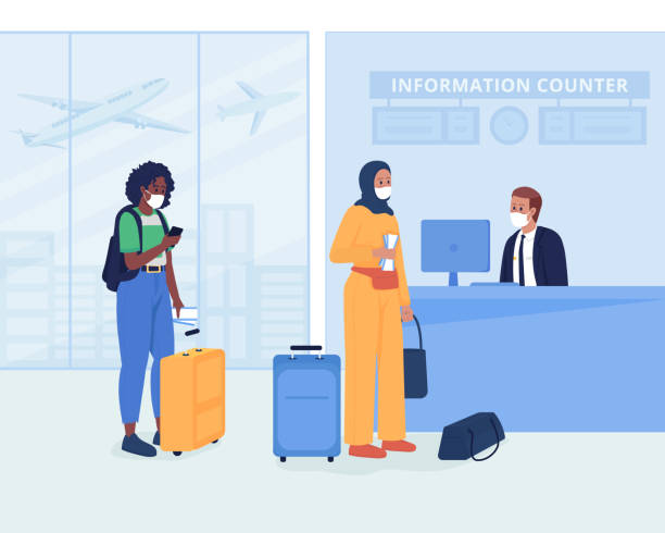 Travel safety for flight flat color vector illustration Travel safety for flight flat color vector illustration. Women with tickets waiting in line for check in. Passengers in face masks 2D cartoon characters with airport terminal interior on background airport borders stock illustrations