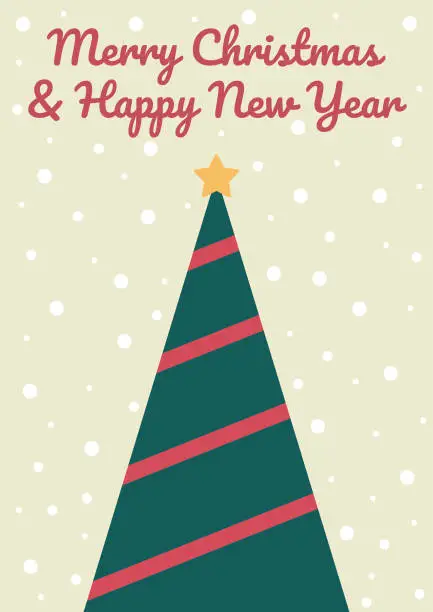 Vector illustration of Merry Christmas and Happy new year card with a dark green Christmas tree with a red bow and a yellow star on top of the tree, and with white flakes and a neutral beige background