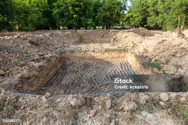 A Hole In The Ground Dig The Pit For Planting Saplings Mud Hole For Planting Tree View Of Hole In The Dirt With Preparation For Building A Pond Dig Rectangle Hole On The Ground For Construction Stock Photo - Download Image Now