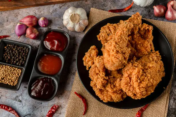 Photo of crispy fried chicken plate. Delicious homemade crispy fried chicken. Crunchy Fried Chicken Ready To Eat.