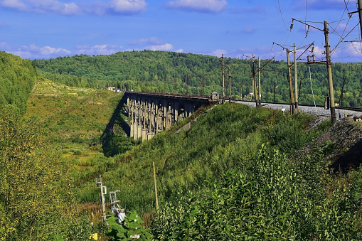 Viaduct at the Chernaya Rechka junction across the river valley of the Bolshaya Sarana River of the Gorkovskaya Railway in the Krasnoufimsky District of the Sverdlovsk Region.