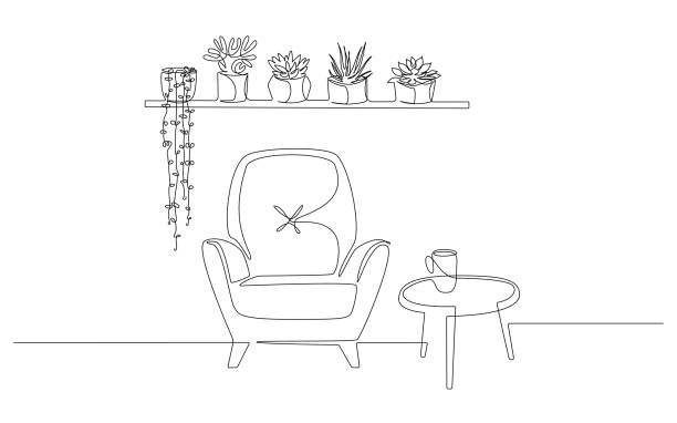 ciągły jeden rysunek półki na jedną linię fotela i ściany z roślinami doniczkowymi i stołem. skandynawskie stylowe meble w prostym liniowym stylu. ilustracja wektorowa doodle - white background relaxation black flower stock illustrations