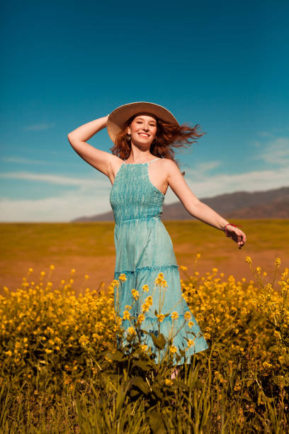 Girl in a yellow flower field stock photo