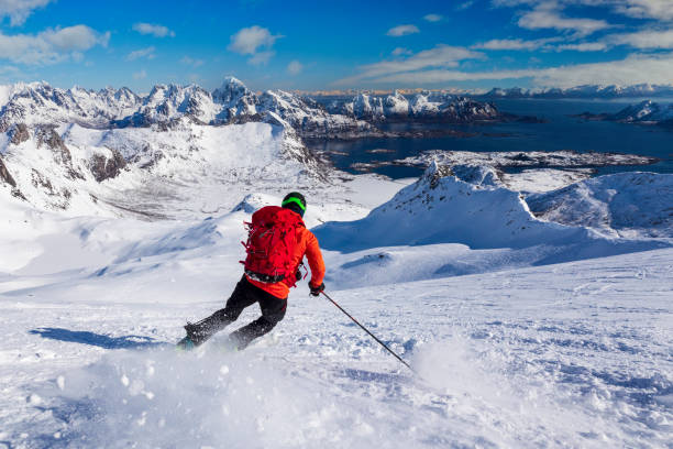 winter ski hiking in the eternal ice,  lofoten - norway - heliskiing bildbanksfoton och bilder