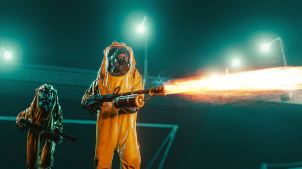 exterminator  cleans the streets a night with flamethrower - flamethrower imagens e fotografias de stock