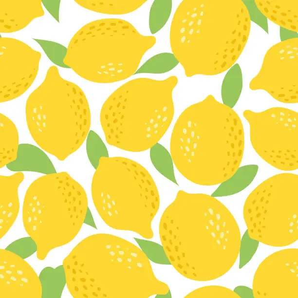 Vector illustration of Cute Vector Lemon seamless pattern. Flat summer fresh whole fruits, leaves, lemons print on white background. Lemonade repeat texture for wallpaper, textile, wrapping paper, tropical fabric