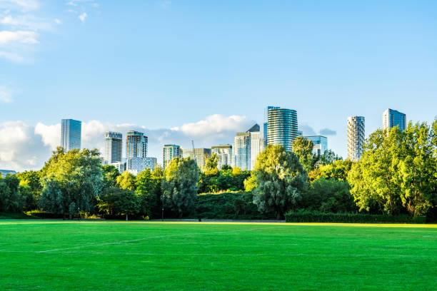 green grass field in big city park - london england canary wharf skyline cityscape imagens e fotografias de stock