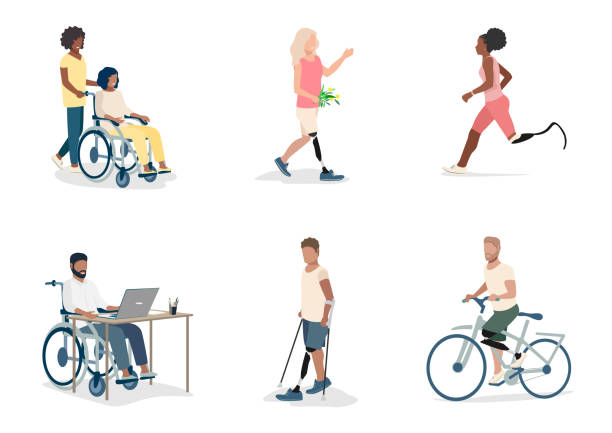 illustrazioni stock, clip art, cartoni animati e icone di tendenza di le persone con disabilità conducono uno stile di vita attivo - prosthetic equipment illustrations