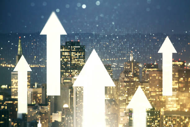 istock Virtual upward arrows illustration on San Francisco skyline background. Breakthrough and progress concept. Multiexposure 1350397904