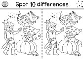 Black and white find differences game for children. Fairytale educational activity with cute prince, shoe, fairy, pumpkin. Magic kingdom puzzle for kids. Fairy tale printable worksheet or coloring page