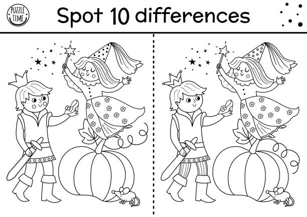 Black and white find differences game for children. Fairytale educational activity with cute prince, shoe, fairy, pumpkin. Magic kingdom puzzle for kids. Fairy tale printable worksheet or coloring page Black and white find differences game for children. Fairytale educational activity with cute prince, shoe, fairy, pumpkin. Magic kingdom puzzle for kids. Fairy tale printable worksheet or coloring page magic mouse stock illustrations