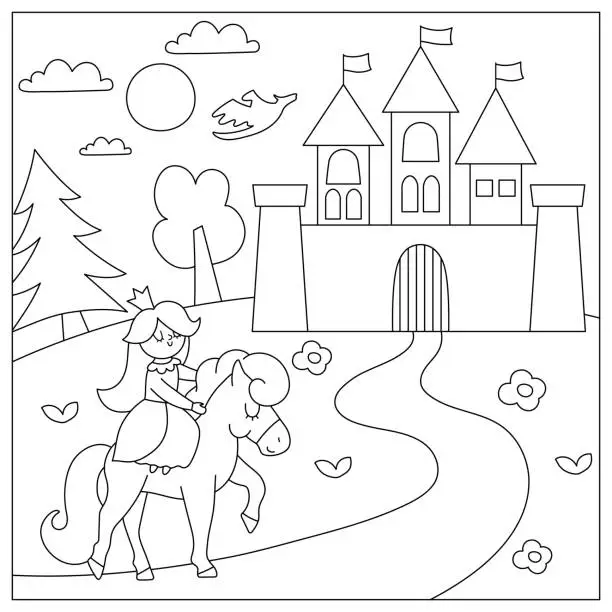 Vector illustration of Vector black and white Medieval village landscape with princess on a horse and castle. Magic kingdom coloring page. Line magic forest scenery illustration