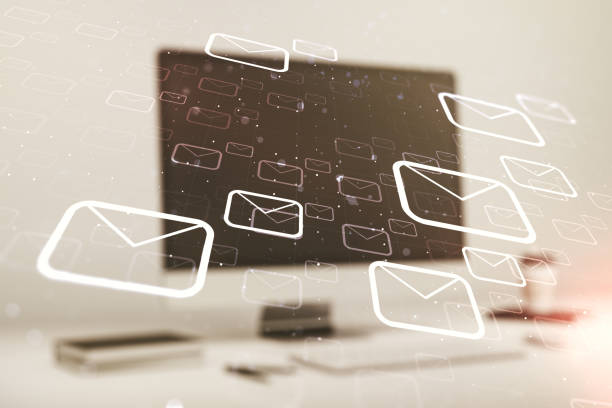 istock Creative abstract postal envelopes sketch on modern laptop background, e-mail and marketing concept. Double exposure 1350398056