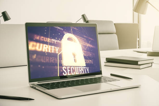 istock Modern computer monitor with creative lock hologram and chip. Information security concept. 3D Rendering 1350398082