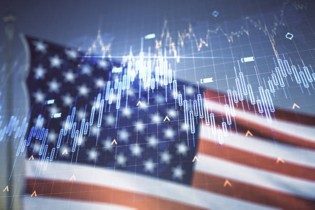istock Abstract creative financial graph interface and world map on USA flag and sunset sky background, forex and investment concept. Multiexposure 1350398091