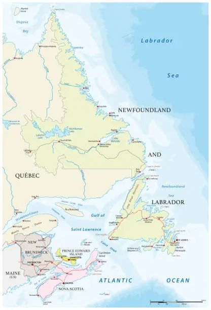 Vector illustration of Vector road map of the four canada atlantic provinces