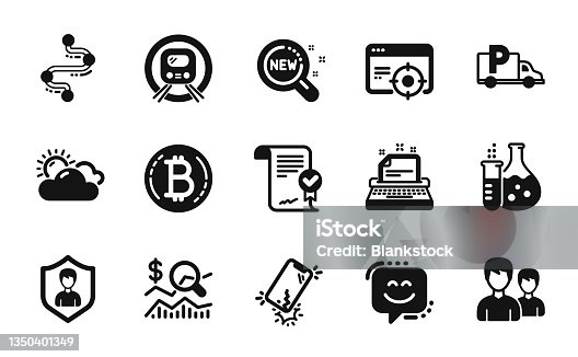istock Vector set of Seo targeting, Typewriter and Sunny weather icons simple set. Vector 1350401349