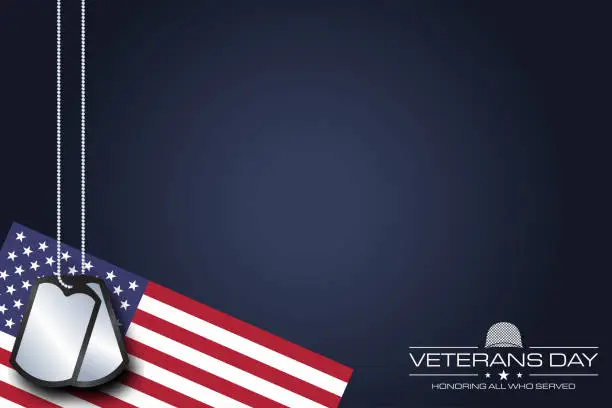 Vector illustration of Veterans day celebration background vector image illustration with the American flag and military dog tags with copy space area. Suitable to place on content with that theme.