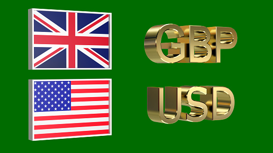 Gold plated GBP and USD symbols along with the flags of Great Britain and USA on a neutral green background. Finance concept. Rendering 3D. Isolated