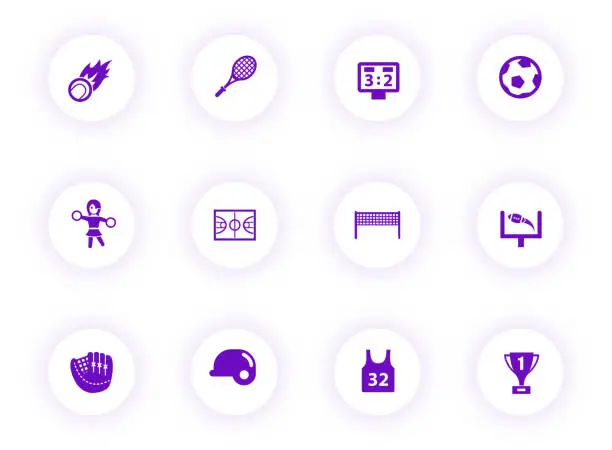 Vector illustration of sport purple color vector icons on light round buttons with purple shadow. sport icon set for web, mobile apps, ui design and print