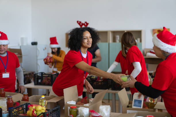 Volunteers distributing grocery donations