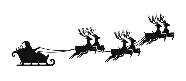 Santa Claus is flying in sleigh with Christmas reindeer. Silhouette of Santa Claus, sleigh with Christmas presents and reindeer Santa Claus is flying in sleigh with Christmas reindeer. Silhouette of Santa Claus, sleigh with Christmas presents and reindeer. Vector santa sleigh cutout stock illustrations